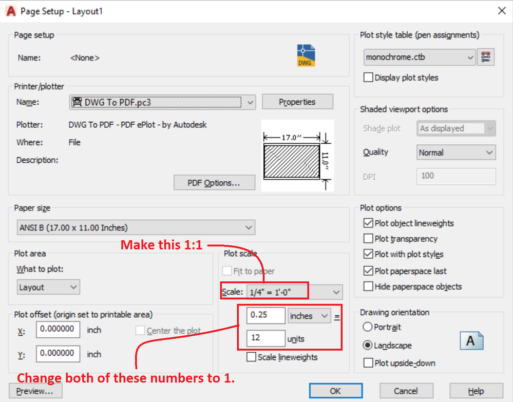 Make your page setup and plot dialog like this.