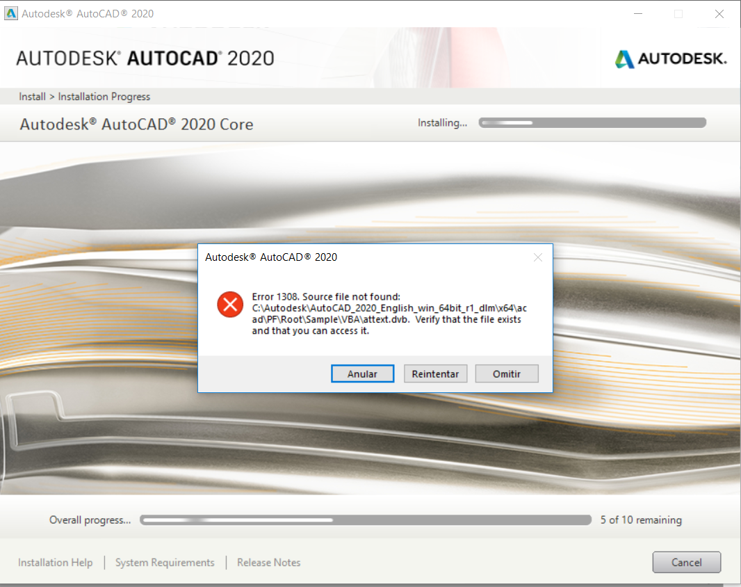 Ошибка 1308 при установке autocad 2015