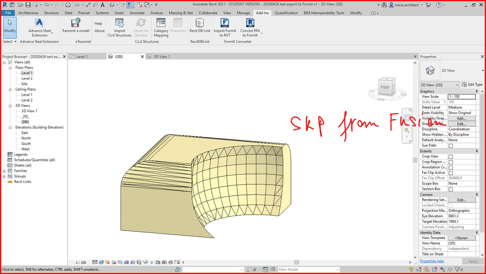 skp file from fusion 360 to formit to revit