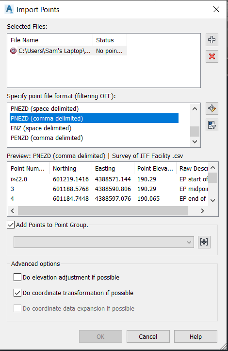 Cant import PENZD points from a CSV file - Civil 3D