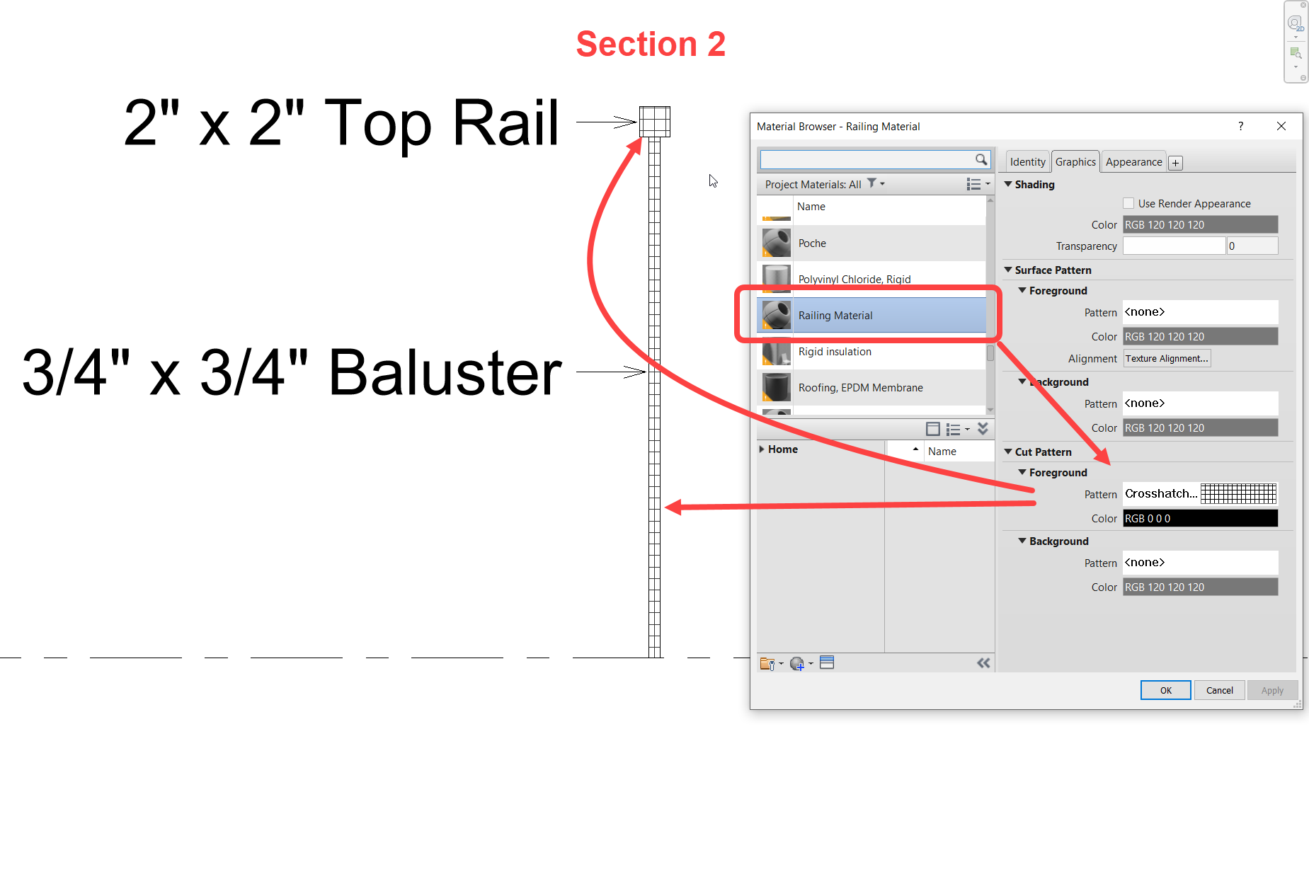 Solved: Railing material hatch in section not shown - Autodesk Community