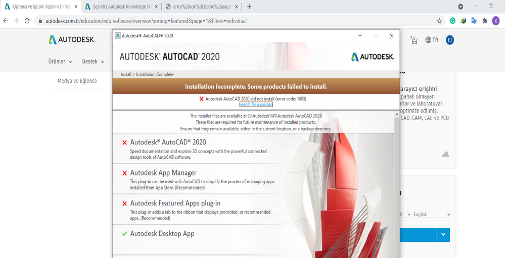 cozuldu autocad 2020 indirme hatasi autodesk community international forums