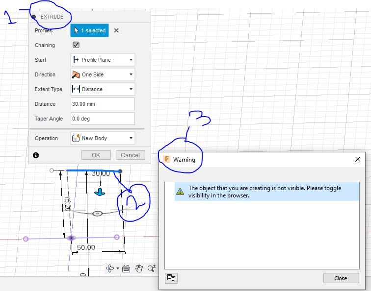 The object that you are creating is not visible. Please toggle visibility in the browser.