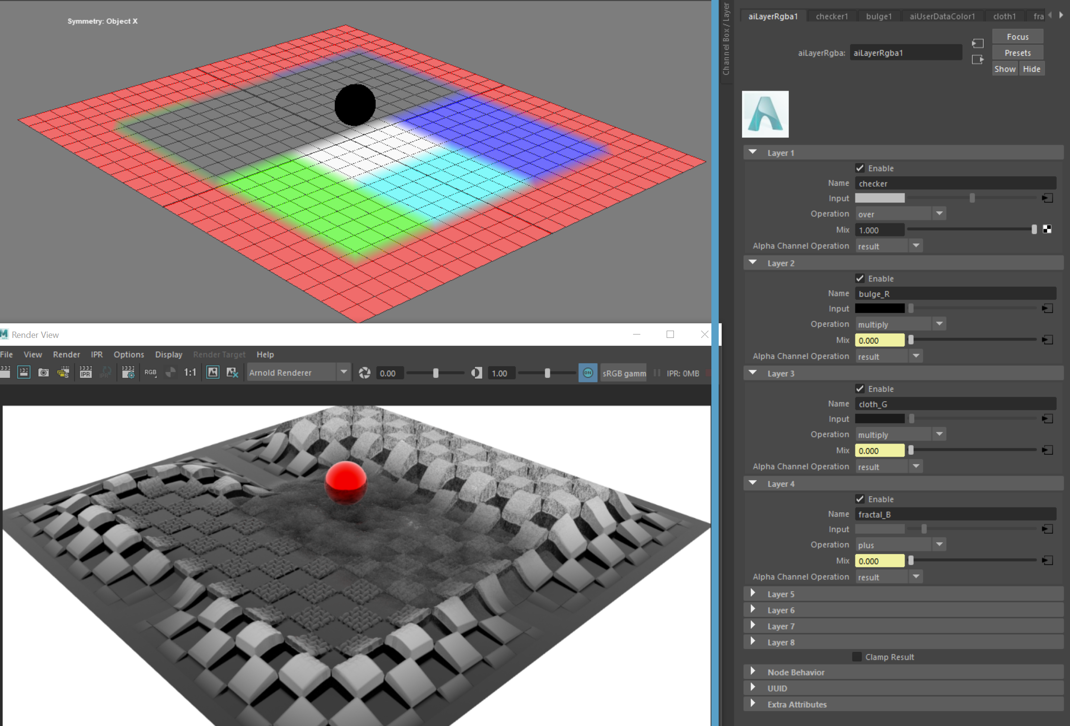 Multiple Displacements with aiUserDataColor node as a mix 